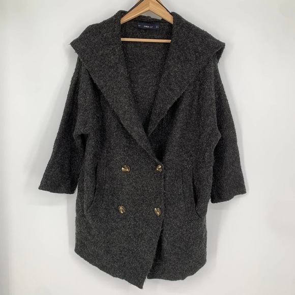 ZARA Double Breasted Oversize Sweater Jacket Hooded Chunky Cozy Cardigan, Gray - Picture 3 of 9